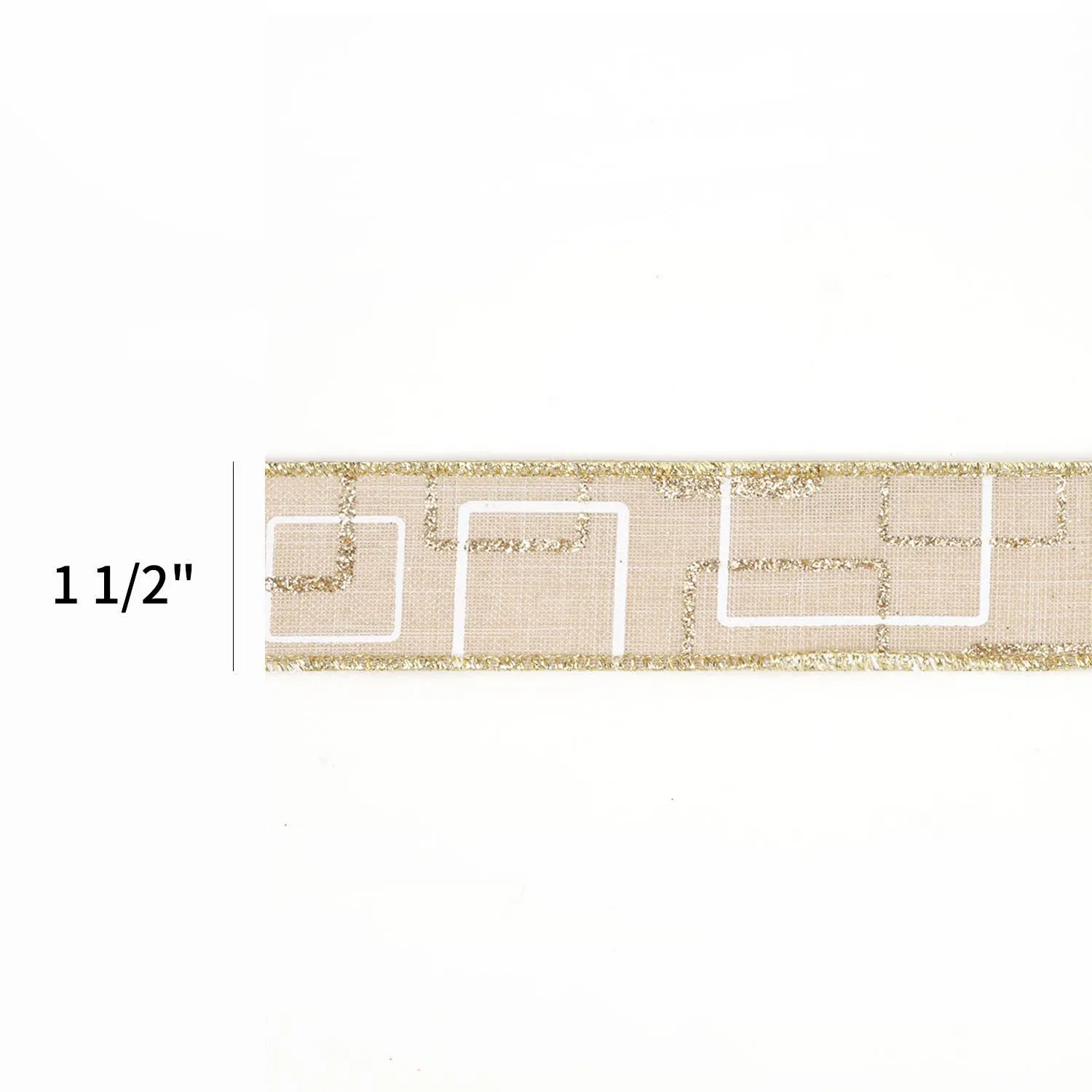 1 1/2" Wired Ribbon | "Glitter Geometric" Natural/Gold/White