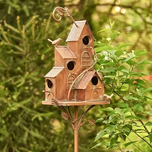 73.75" Tall Four Home Bunglaow Copper Birdhouse Stake