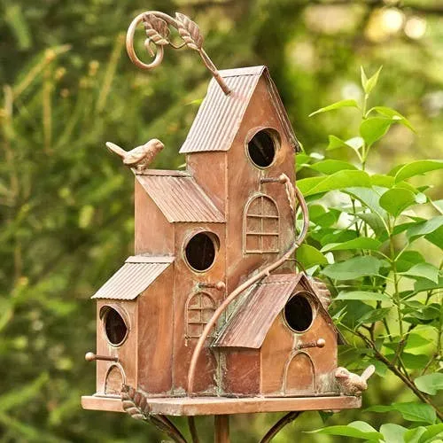 73.75" Tall Four Home Bunglaow Copper Birdhouse Stake