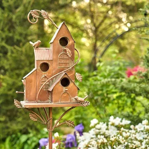 73.75" Tall Four Home Bunglaow Copper Birdhouse Stake