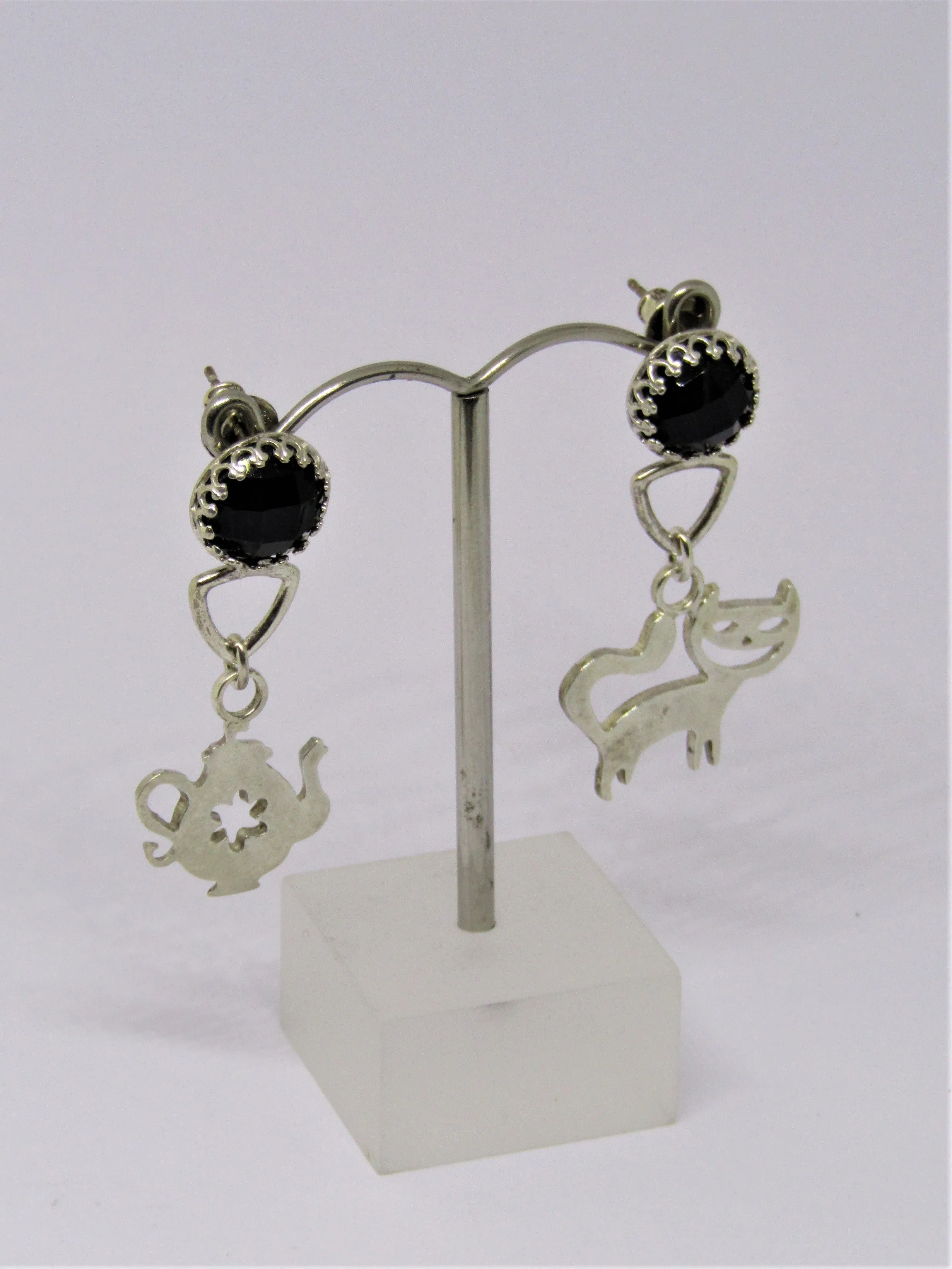 Cheshire Cat & Teapot Silver Earrings