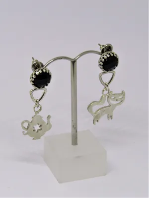 Cheshire Cat & Teapot Silver Earrings
