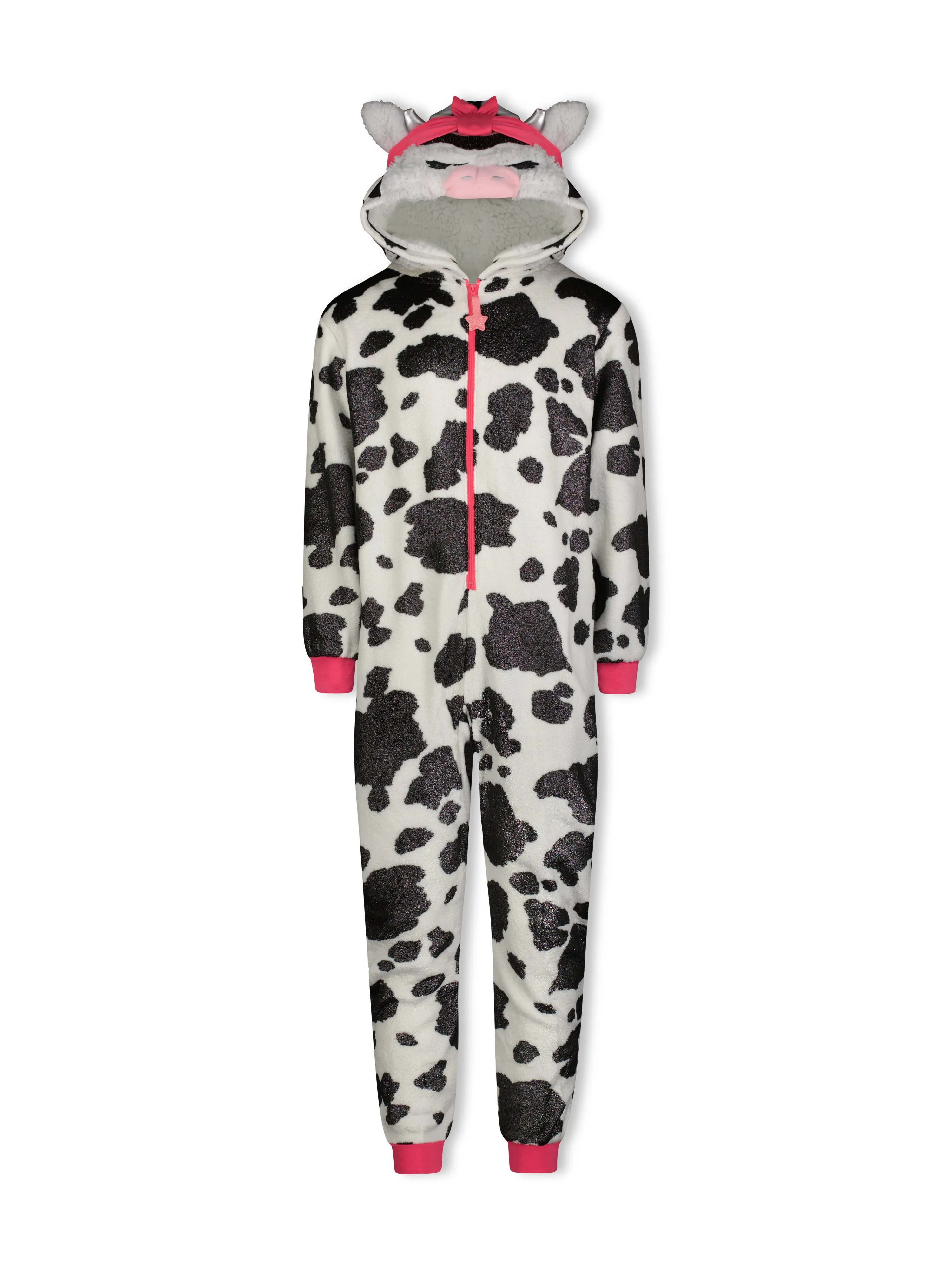 Girls Pretty Cow Leopard Zip-Up Hooded Sleeper Pajama with Built Up 3D Character Hood