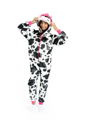 Girls Pretty Cow Leopard Zip-Up Hooded Sleeper Pajama with Built Up 3D Character Hood
