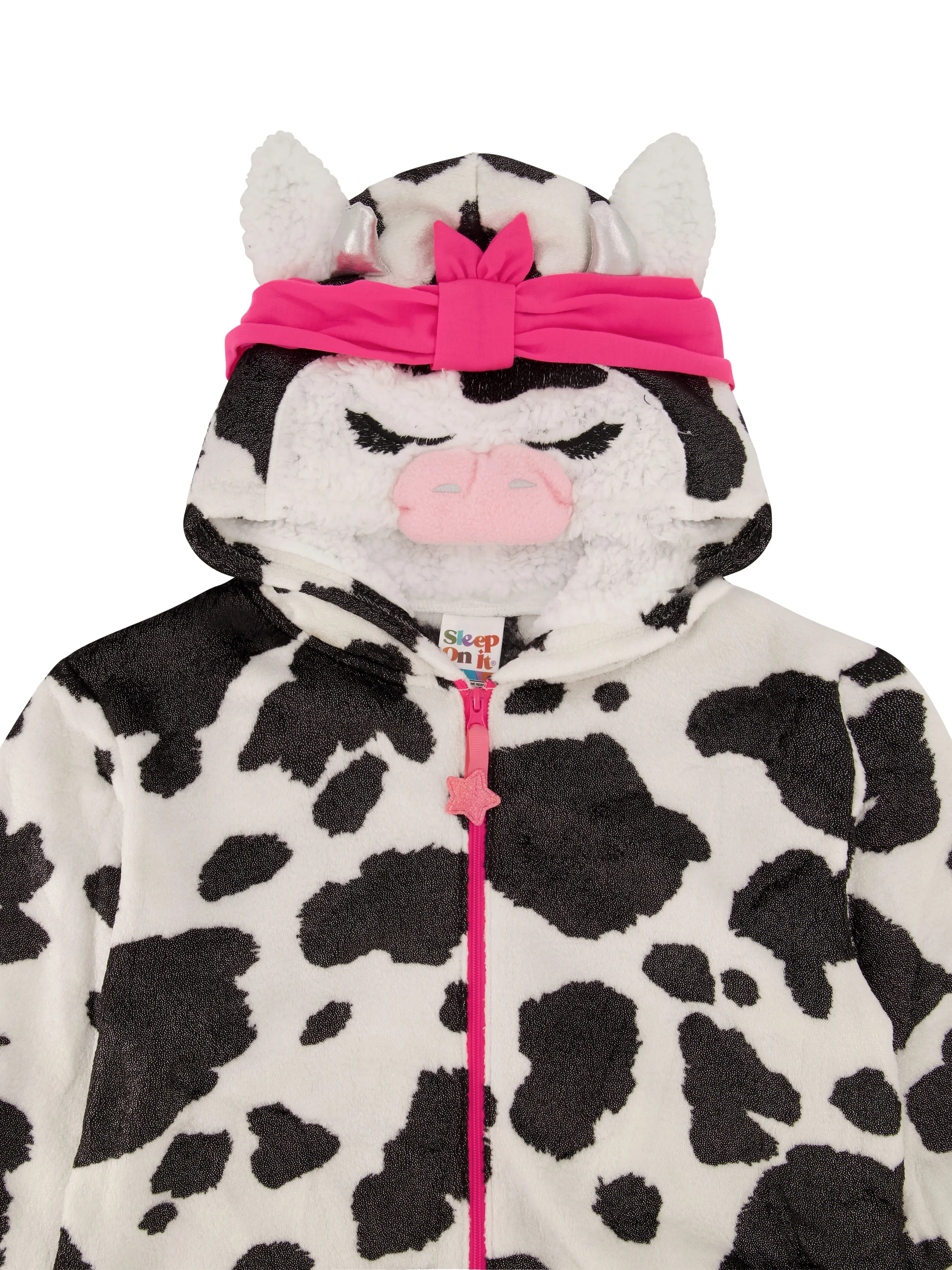 Girls Pretty Cow Leopard Zip-Up Hooded Sleeper Pajama with Built Up 3D Character Hood