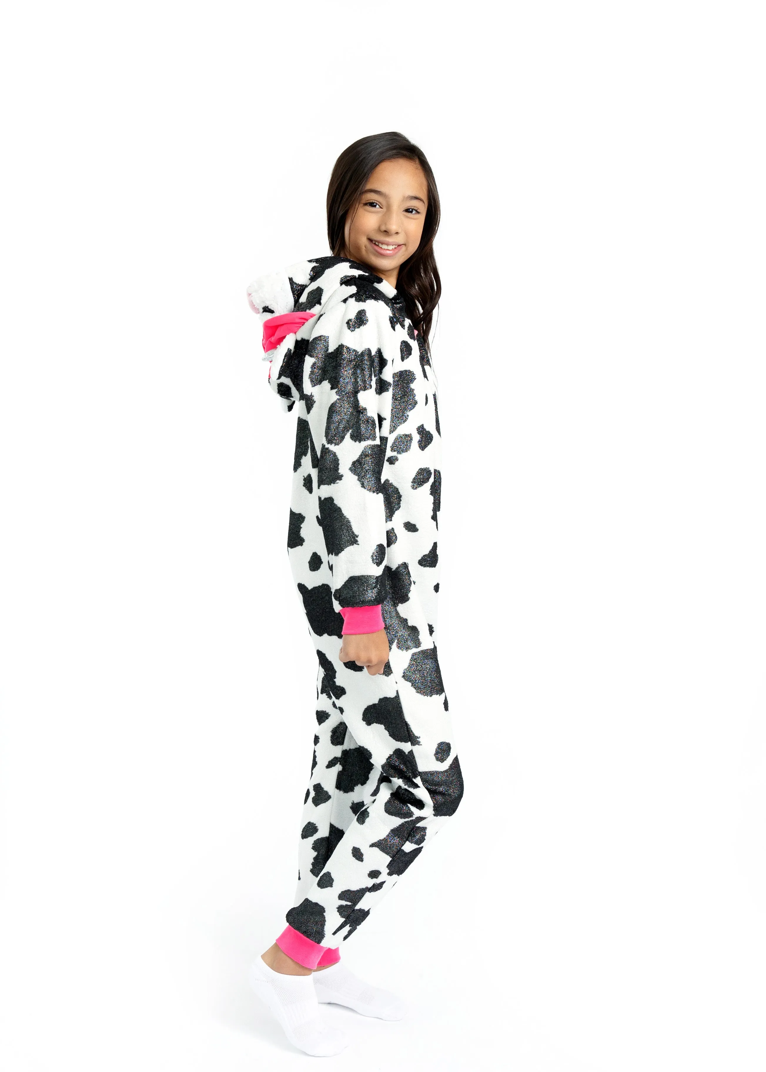 Girls Pretty Cow Leopard Zip-Up Hooded Sleeper Pajama with Built Up 3D Character Hood