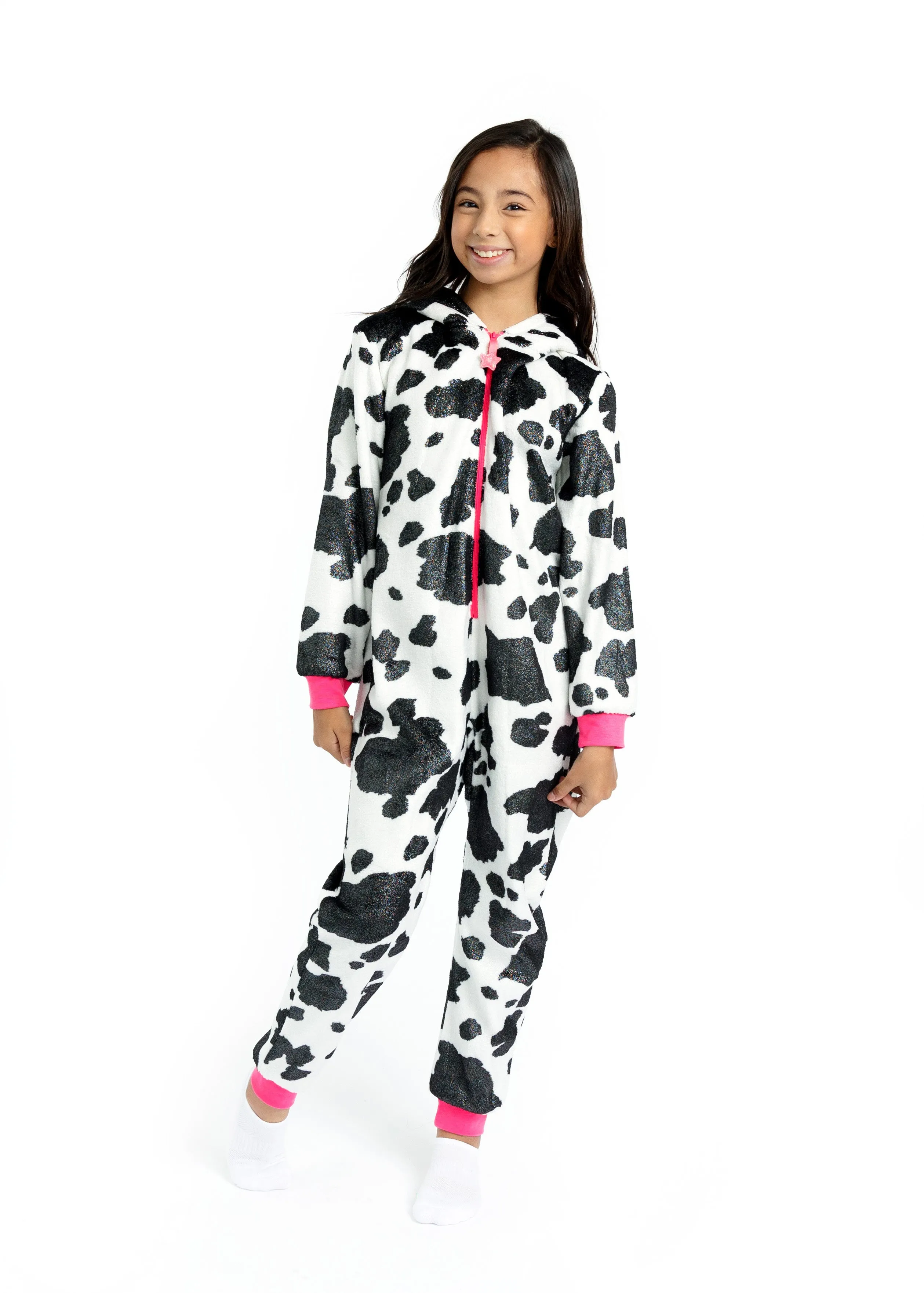 Girls Pretty Cow Leopard Zip-Up Hooded Sleeper Pajama with Built Up 3D Character Hood