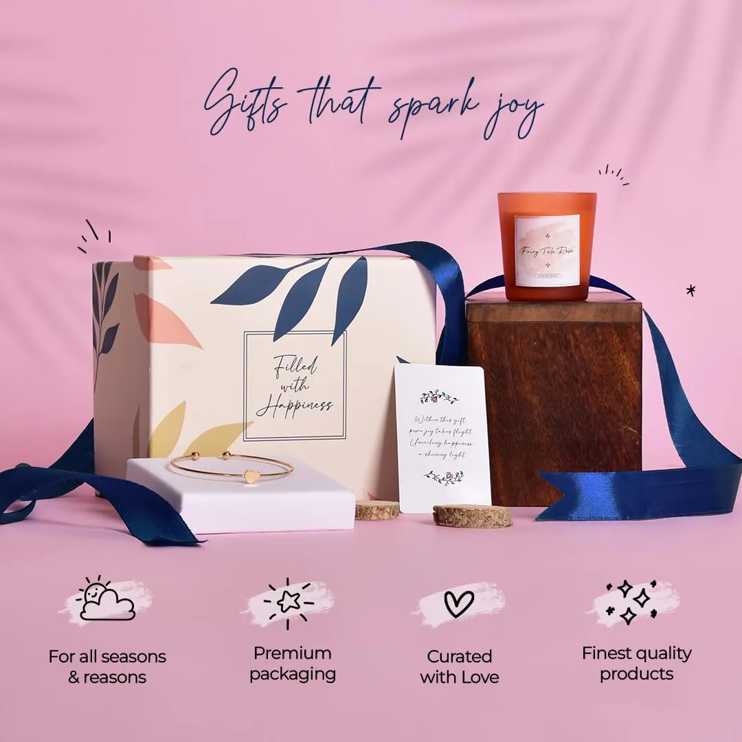 Gleevers Gift Set for Women |Gift Box Pack of 2 with Candle (Fairy Tale Rose,60 gm) and Heart Bracelet | Birthday Gift, Anniversary Gift, Valentine Gift, Secret Santa Gifts