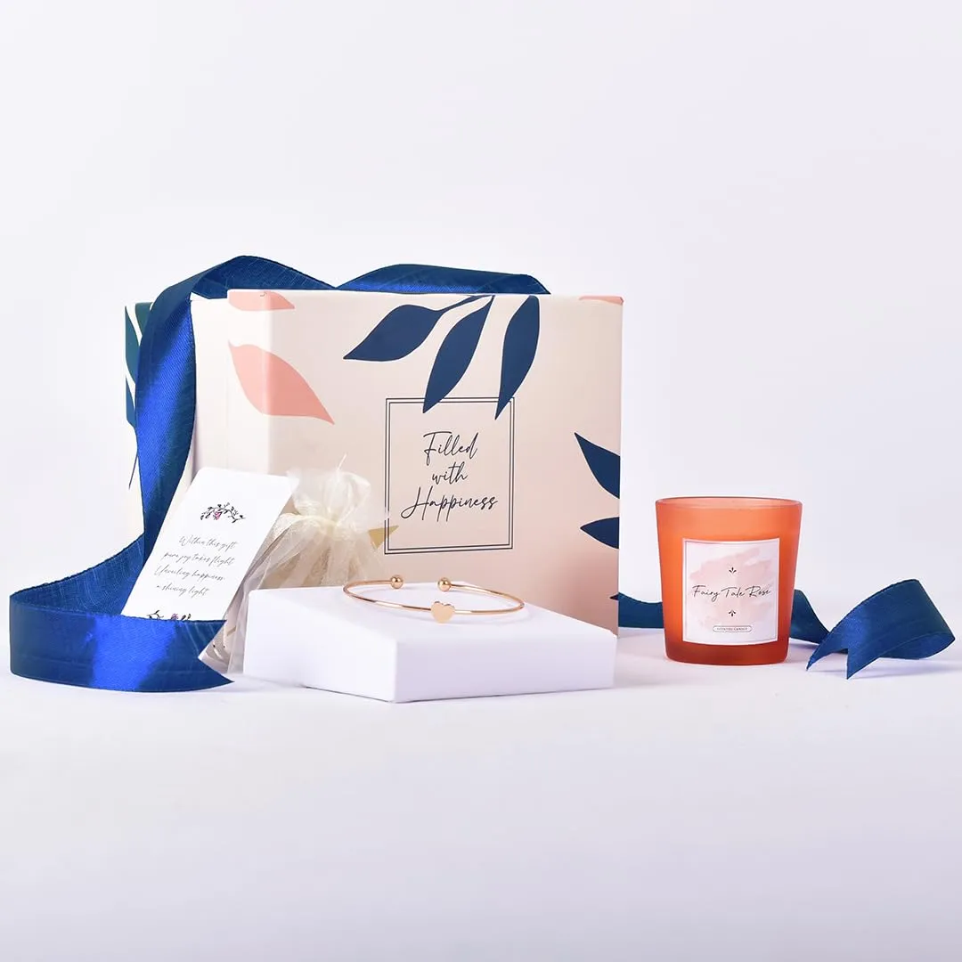 Gleevers Gift Set for Women |Gift Box Pack of 2 with Candle (Fairy Tale Rose,60 gm) and Heart Bracelet | Birthday Gift, Anniversary Gift, Valentine Gift, Secret Santa Gifts