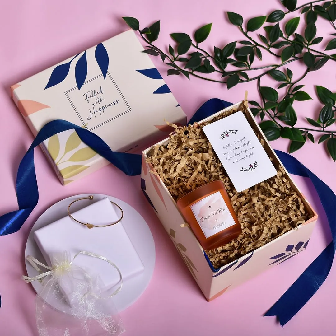 Gleevers Gift Set for Women |Gift Box Pack of 2 with Candle (Fairy Tale Rose,60 gm) and Heart Bracelet | Birthday Gift, Anniversary Gift, Valentine Gift, Secret Santa Gifts