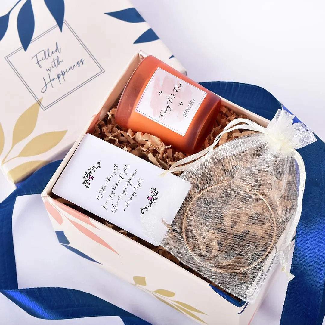 Gleevers Gift Set for Women |Gift Box Pack of 2 with Candle (Fairy Tale Rose,60 gm) and Heart Bracelet | Birthday Gift, Anniversary Gift, Valentine Gift, Secret Santa Gifts