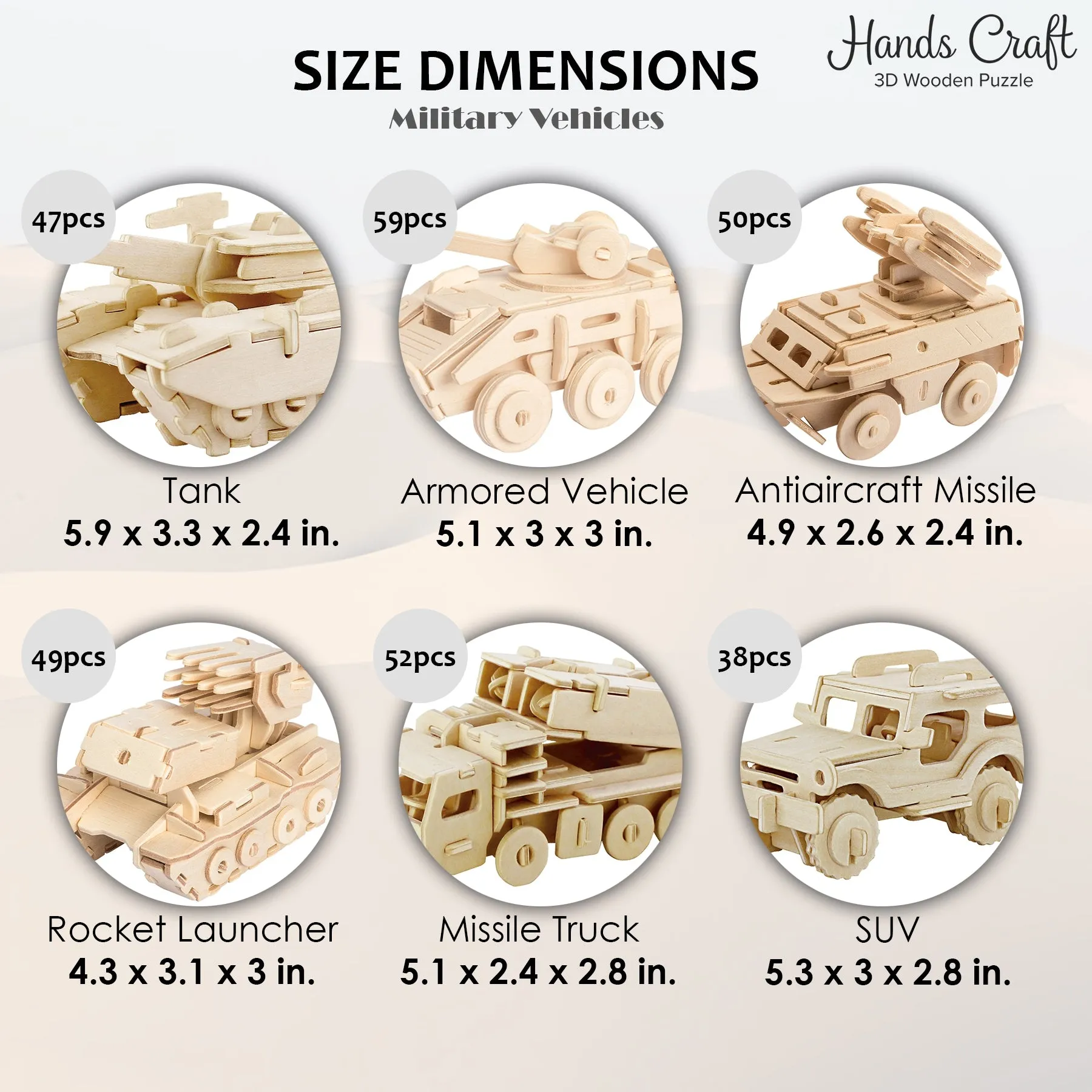 Hands Craft DIY 3D Wooden Puzzle 6 ct, Military Vehicles-JP2B6