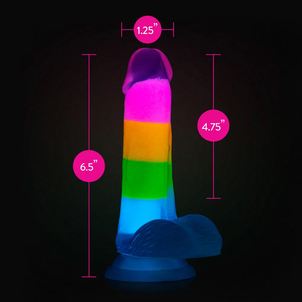Neo Elite By Blush® | Rainbow Rave - 6.5 Inch Glow-In-The-Dark Dildo - Dual Density Liquid Silicone – Harness Compatible - Rainbow