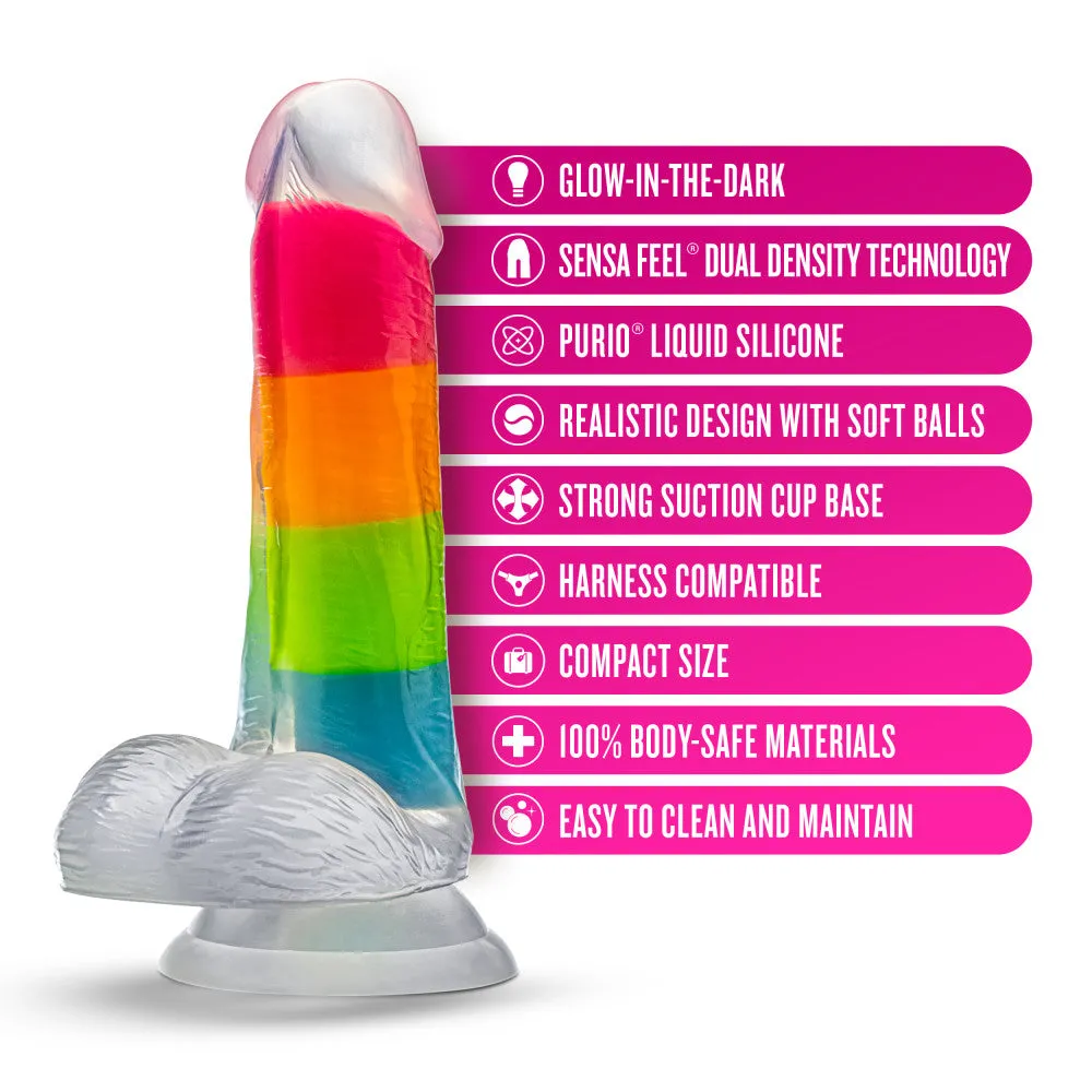 Neo Elite By Blush® | Rainbow Rave - 6.5 Inch Glow-In-The-Dark Dildo - Dual Density Liquid Silicone – Harness Compatible - Rainbow