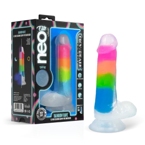 Neo Elite By Blush® | Rainbow Rave - 6.5 Inch Glow-In-The-Dark Dildo - Dual Density Liquid Silicone – Harness Compatible - Rainbow