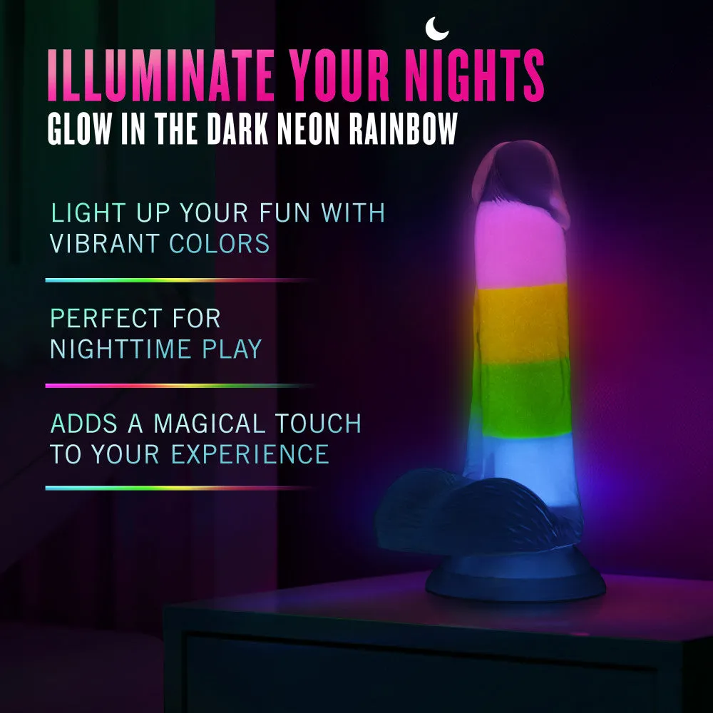 Neo Elite By Blush® | Rainbow Rave - 6.5 Inch Glow-In-The-Dark Dildo - Dual Density Liquid Silicone – Harness Compatible - Rainbow