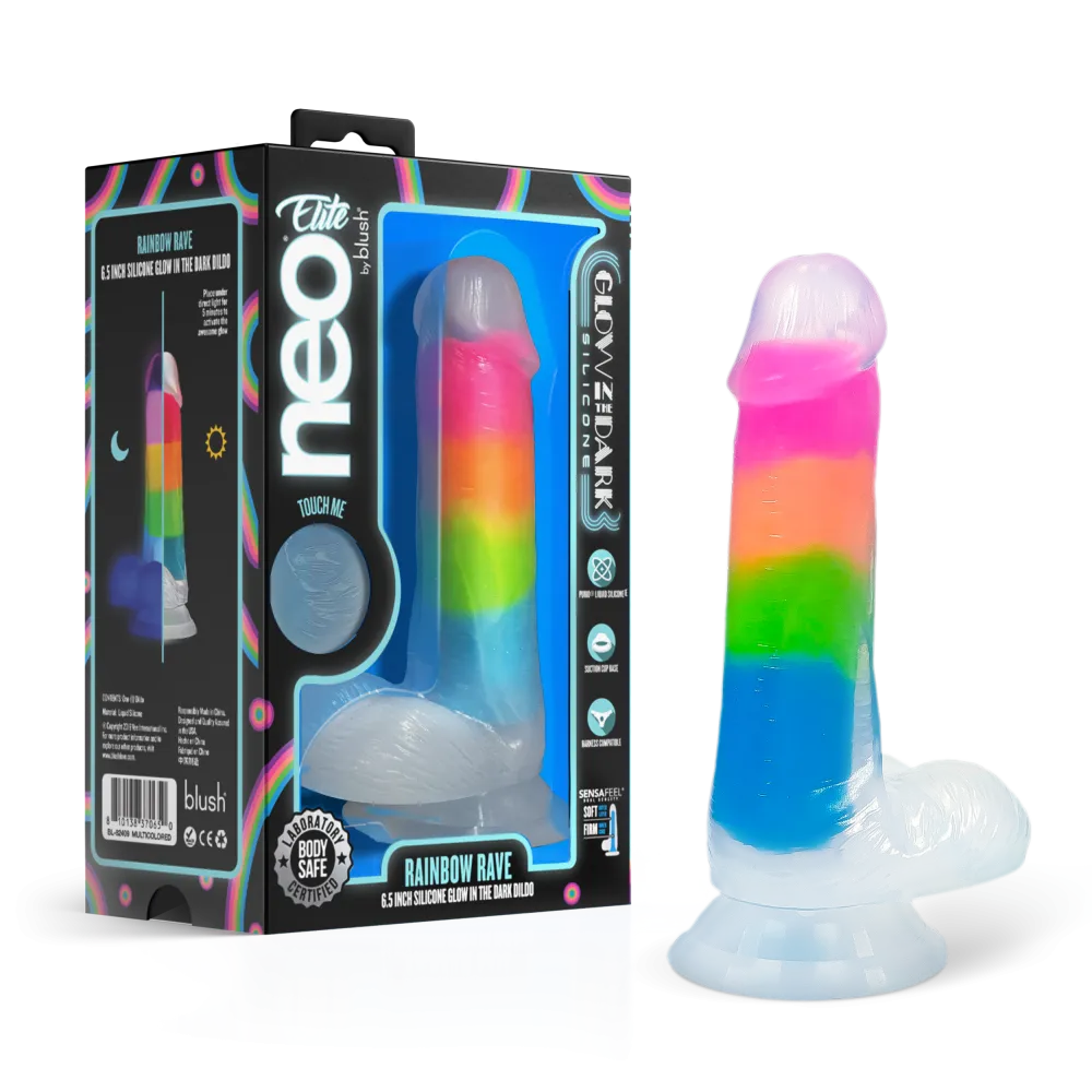 Neo Elite By Blush® | Rainbow Rave - 6.5 Inch Glow-In-The-Dark Dildo - Dual Density Liquid Silicone – Harness Compatible - Rainbow
