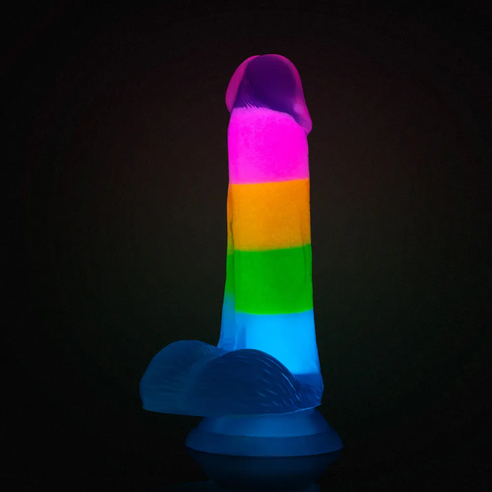 Neo Elite By Blush® | Rainbow Rave - 6.5 Inch Glow-In-The-Dark Dildo - Dual Density Liquid Silicone – Harness Compatible - Rainbow