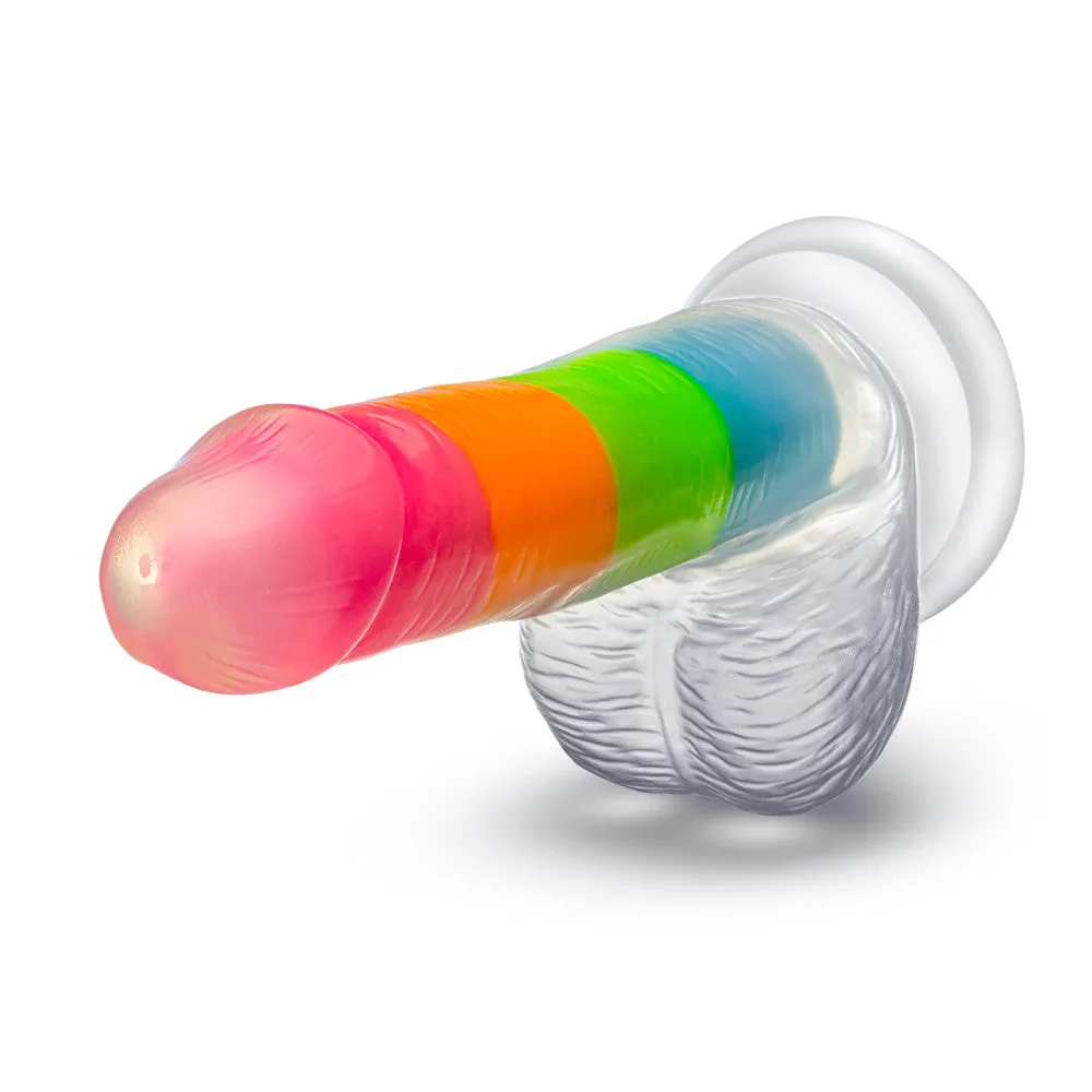 Neo Elite By Blush® | Rainbow Rave - 6.5 Inch Glow-In-The-Dark Dildo - Dual Density Liquid Silicone – Harness Compatible - Rainbow