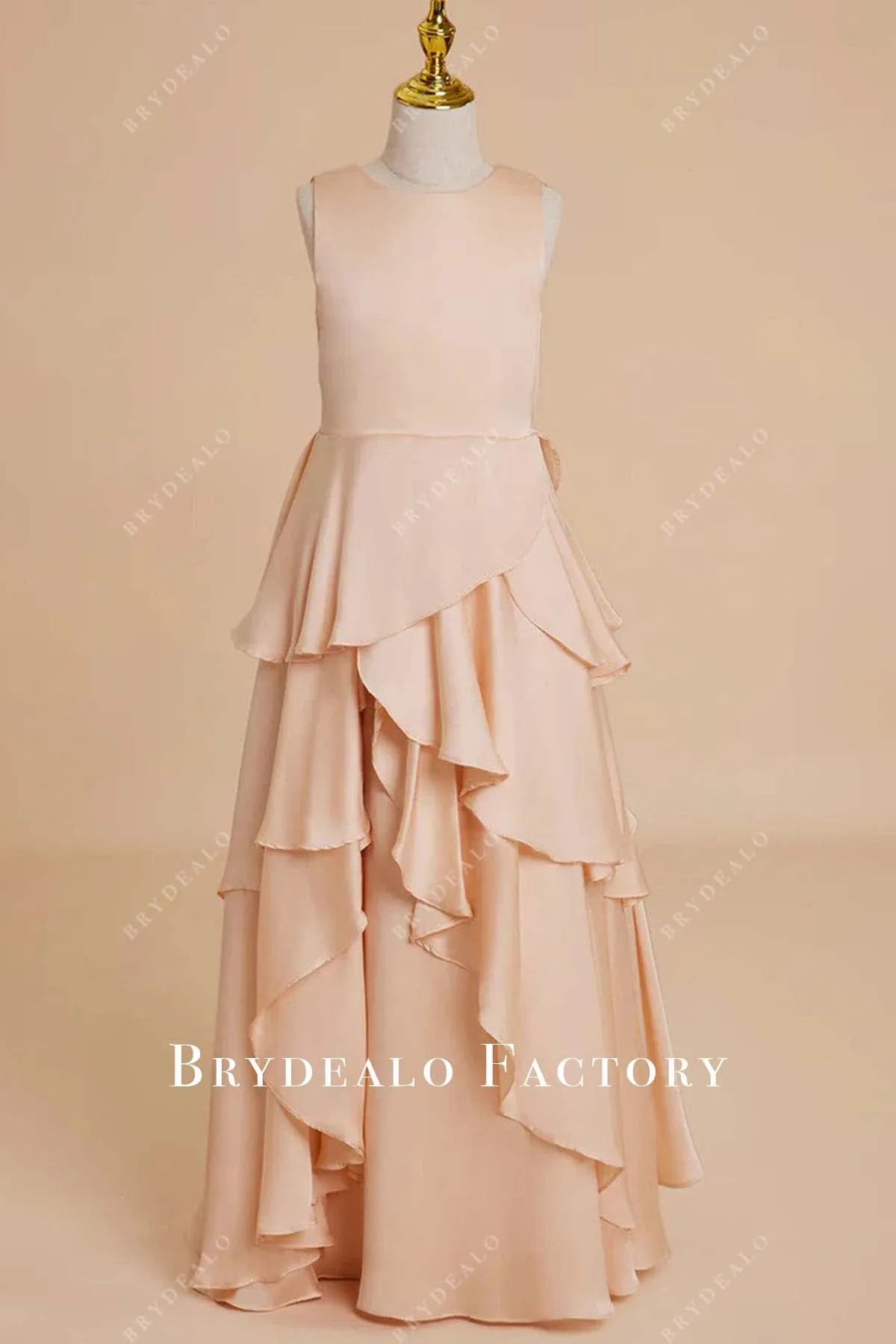 Peach Sleeveless Layered Ruffle Flower Girl Dress