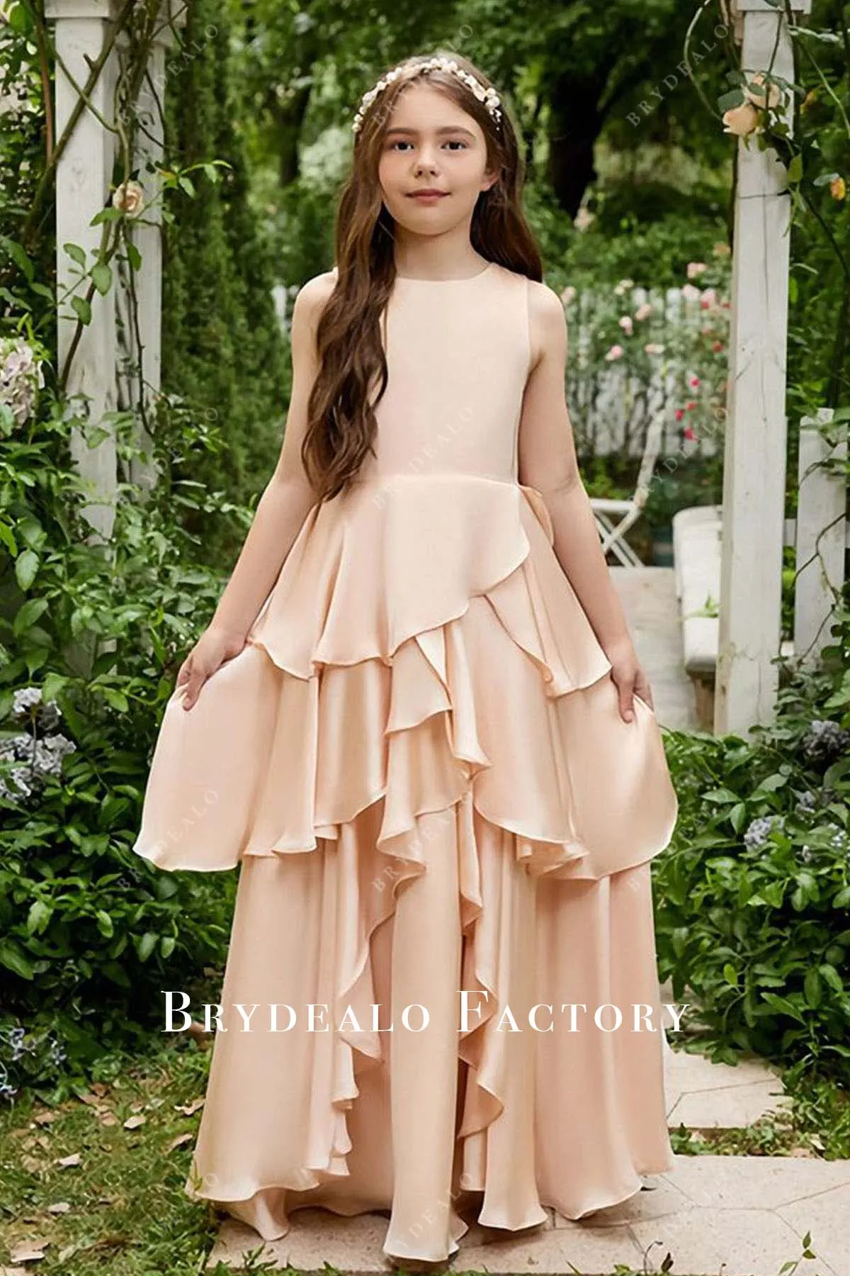 Peach Sleeveless Layered Ruffle Flower Girl Dress