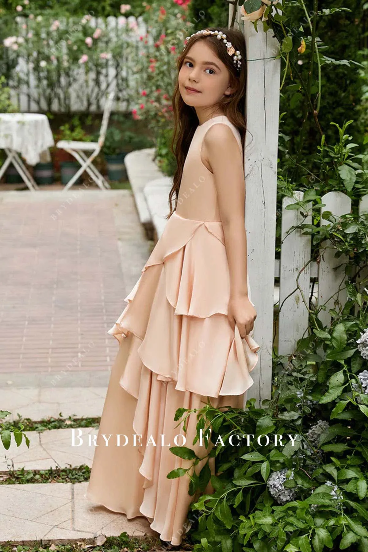 Peach Sleeveless Layered Ruffle Flower Girl Dress