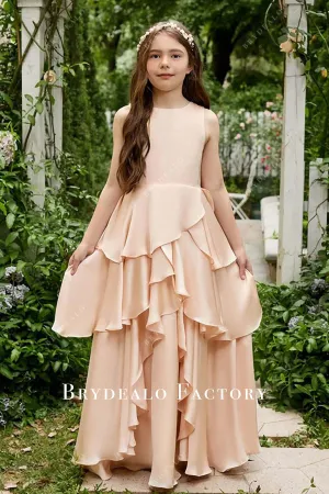 Peach Sleeveless Layered Ruffle Flower Girl Dress
