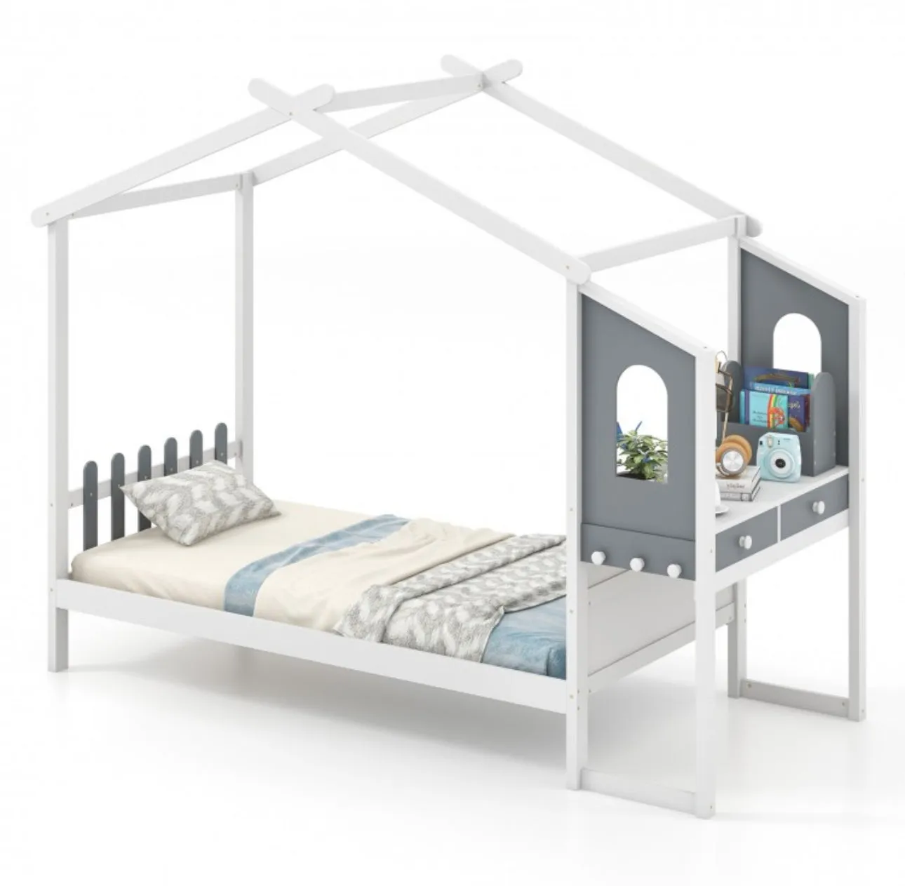 Super Cute & Adorable Modern  Twin Or Full Bed Frame House With Roof Canopy And Fence For Children, Kids | Heavy Duty  | Bed Space | Montessori | Desk, Drawers