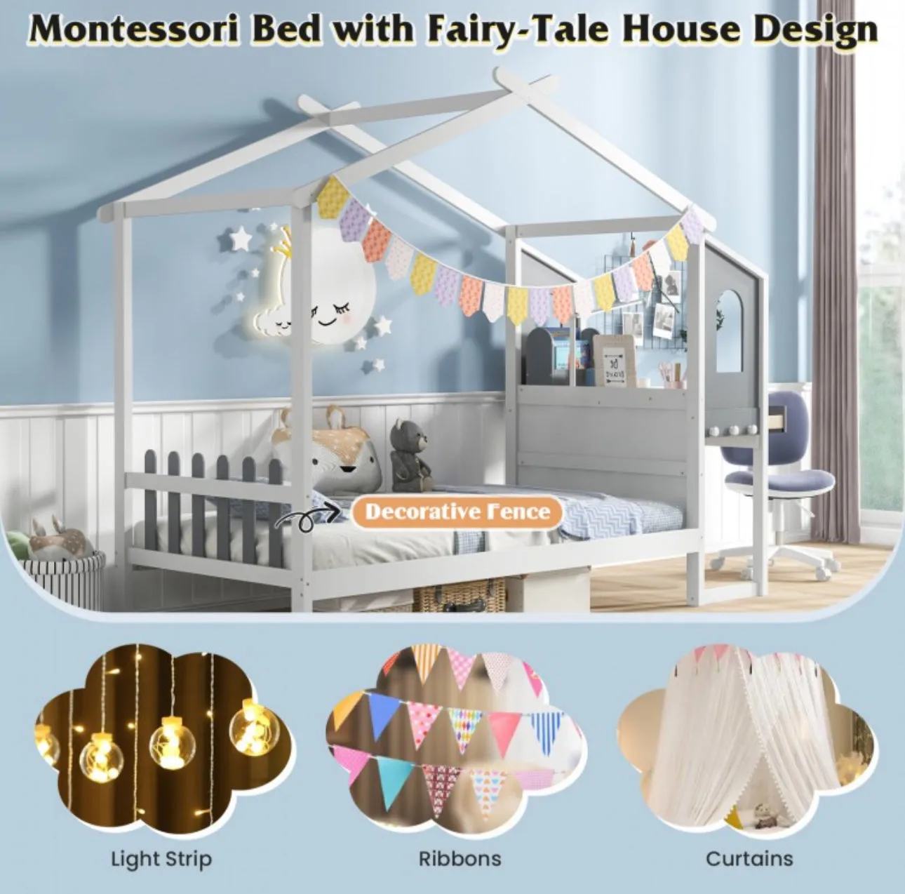 Super Cute & Adorable Modern  Twin Or Full Bed Frame House With Roof Canopy And Fence For Children, Kids | Heavy Duty  | Bed Space | Montessori | Desk, Drawers