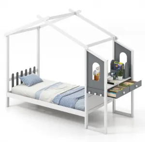 Super Cute & Adorable Modern  Twin Or Full Bed Frame House With Roof Canopy And Fence For Children, Kids | Heavy Duty  | Bed Space | Montessori | Desk, Drawers