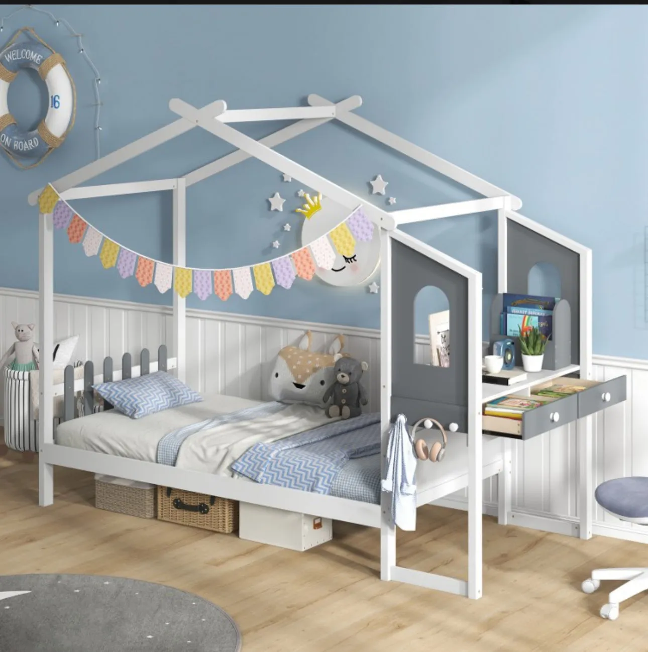 Super Cute & Adorable Modern  Twin Or Full Bed Frame House With Roof Canopy And Fence For Children, Kids | Heavy Duty  | Bed Space | Montessori | Desk, Drawers
