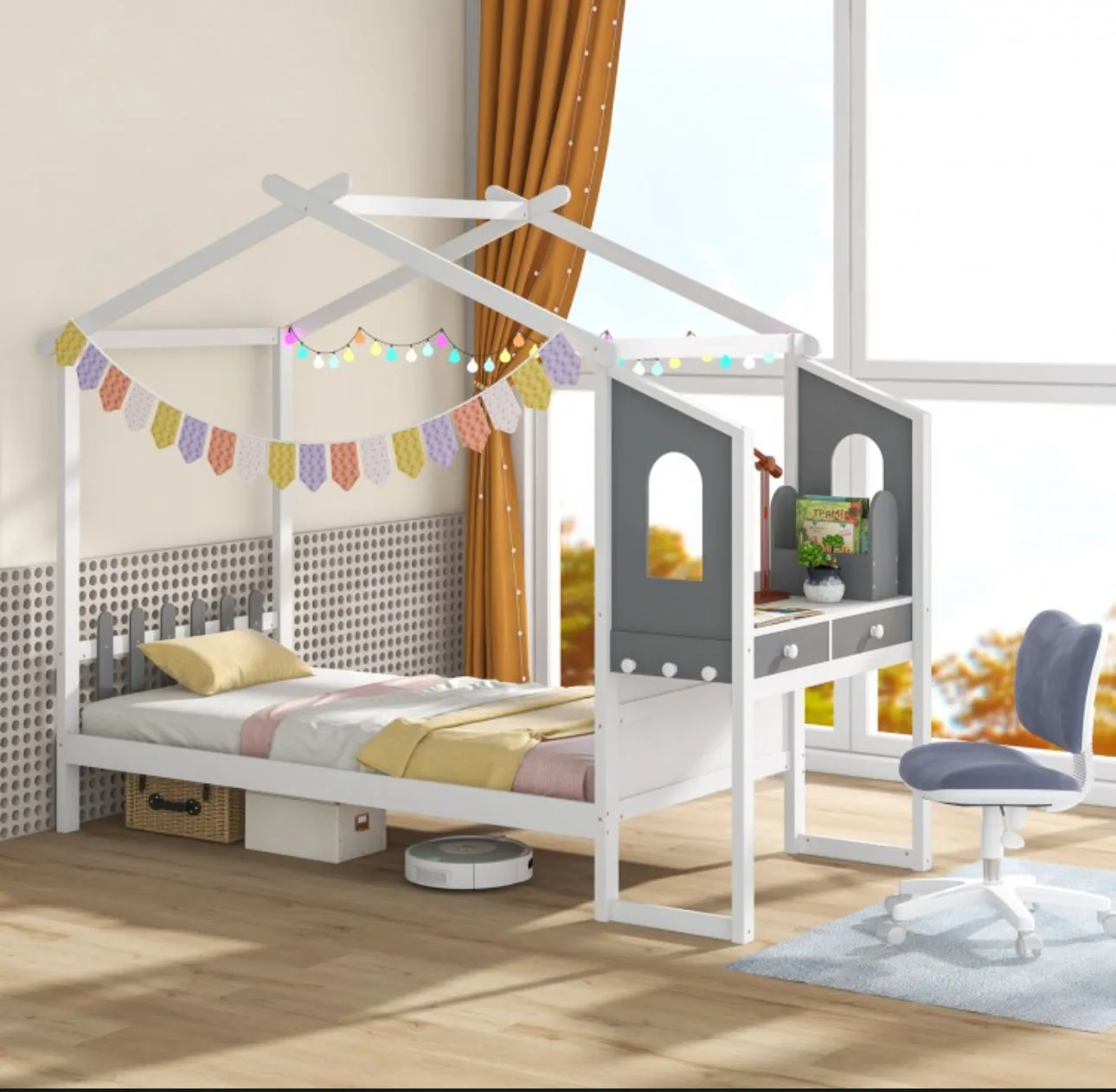 Super Cute & Adorable Modern  Twin Or Full Bed Frame House With Roof Canopy And Fence For Children, Kids | Heavy Duty  | Bed Space | Montessori | Desk, Drawers