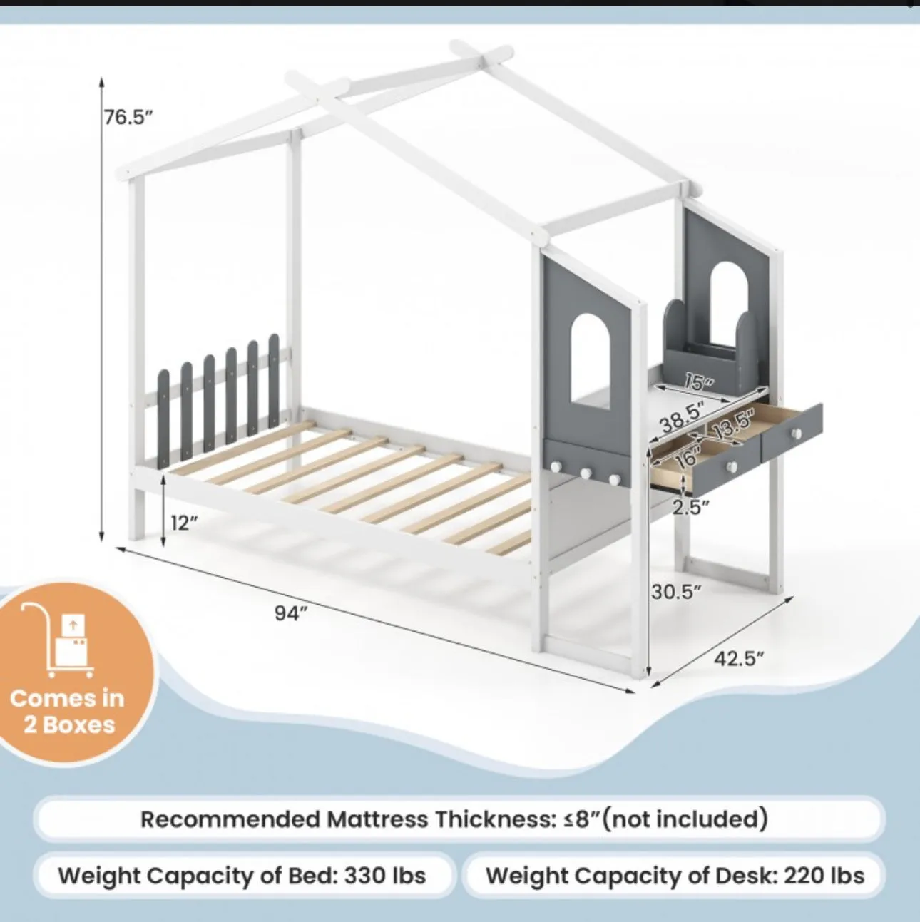 Super Cute & Adorable Modern  Twin Or Full Bed Frame House With Roof Canopy And Fence For Children, Kids | Heavy Duty  | Bed Space | Montessori | Desk, Drawers