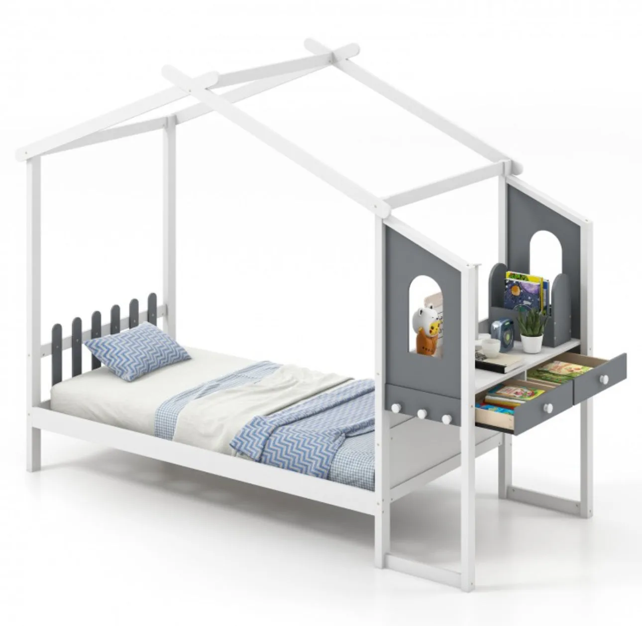 Super Cute & Adorable Modern  Twin Or Full Bed Frame House With Roof Canopy And Fence For Children, Kids | Heavy Duty  | Bed Space | Montessori | Desk, Drawers