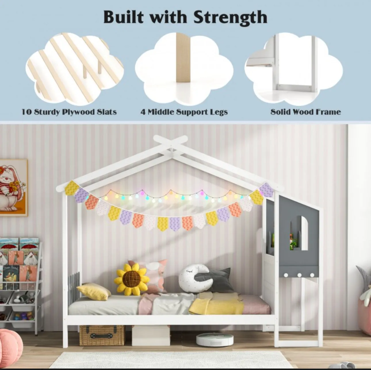 Super Cute & Adorable Modern  Twin Or Full Bed Frame House With Roof Canopy And Fence For Children, Kids | Heavy Duty  | Bed Space | Montessori | Desk, Drawers