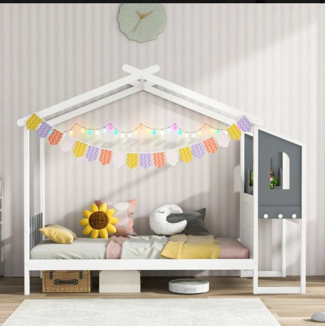 Super Cute & Adorable Modern  Twin Or Full Bed Frame House With Roof Canopy And Fence For Children, Kids | Heavy Duty  | Bed Space | Montessori | Desk, Drawers