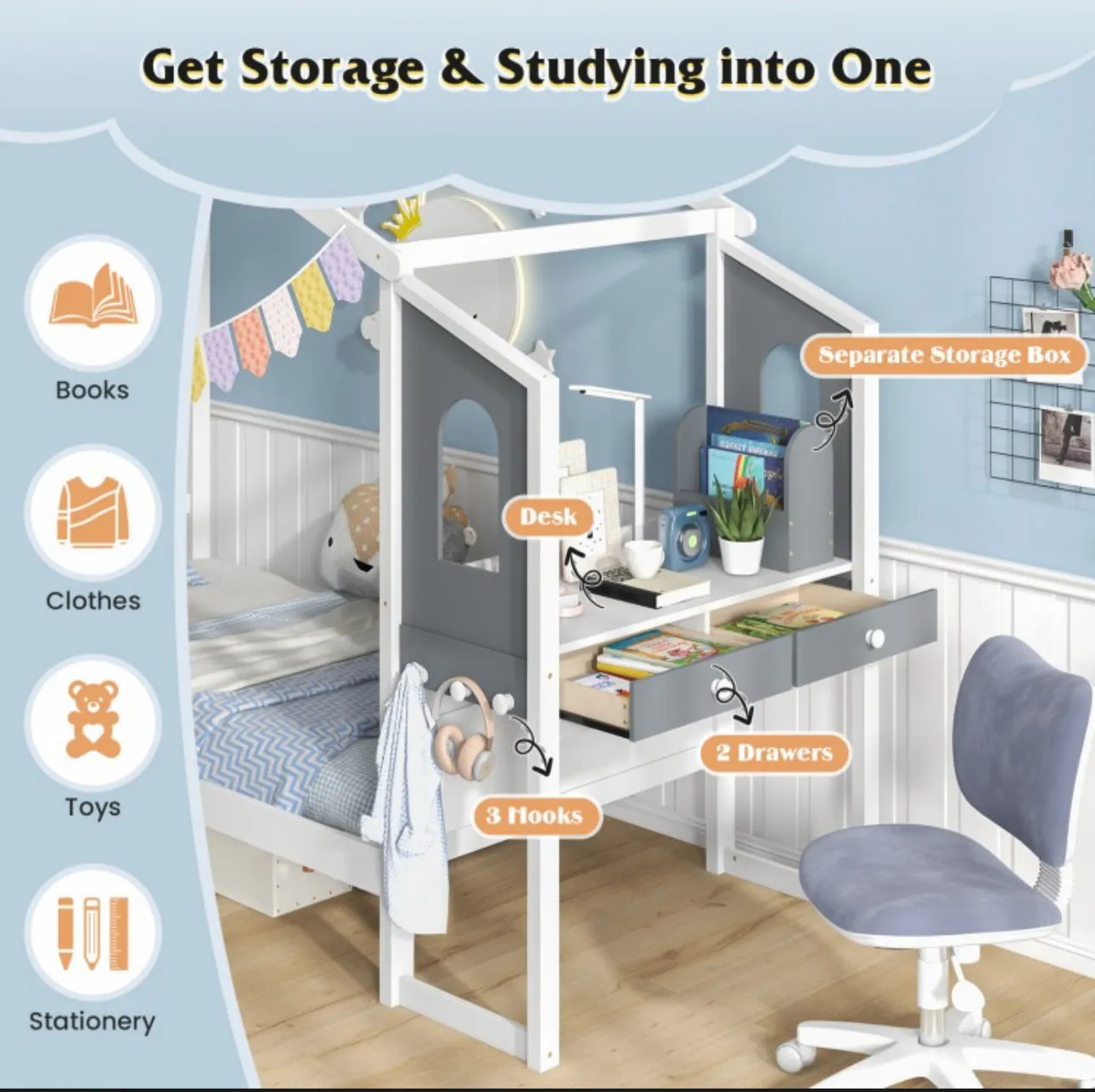 Super Cute & Adorable Modern  Twin Or Full Bed Frame House With Roof Canopy And Fence For Children, Kids | Heavy Duty  | Bed Space | Montessori | Desk, Drawers
